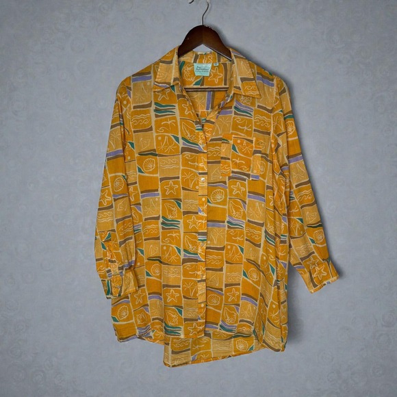 True Destinations Tops - True Destinations Nautical Print Tunic Button Up Shirt Seashell 100% Cotton sz M